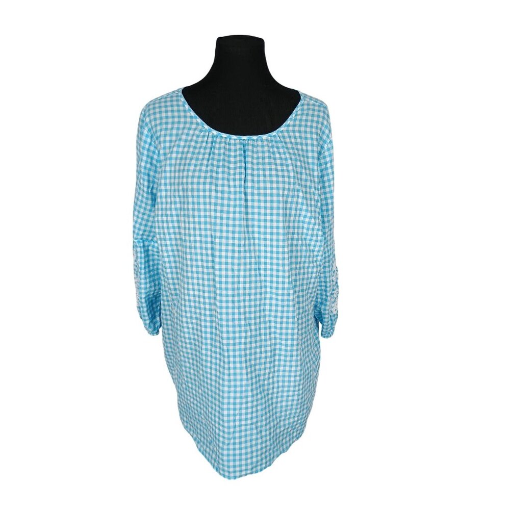 Crown & Ivy 2x Blue White Gingham Floral‎ Tunic Top Blouse Embroidered Detail